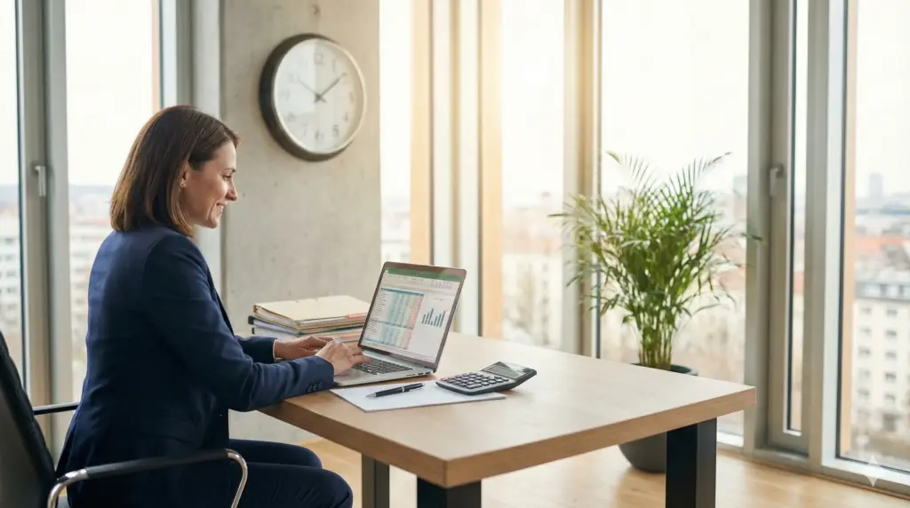 “Profissional trabalhando no computador com planilhas e gráficos financeiros, analisando cálculos trabalhistas em um escritório iluminado por luz natural.”