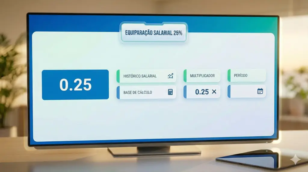 “Ilustração mostrando uma configuração de equiparação salarial de 25%, com histórico salarial, base de cálculo, multiplicador 0.25 e definição do período utilizado no cálculo trabalhista.”