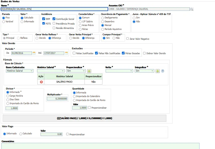 “Configuração no PJe-Calc para cálculo de equiparação salarial fixada em 25%, com histórico salarial, multiplicador aplicado, período deferido na sentença e parâmetros utilizados para apurar a diferença proporcional mês a mês.”