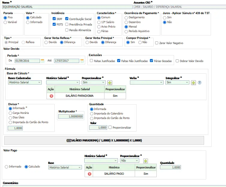 “Tela do PJe-Calc configurando o cálculo de equiparação salarial, com histórico salarial do paradigma, período deferido na sentença, divisor, multiplicador e parametrizações usadas para apurar diferenças salariais mês a mês.”