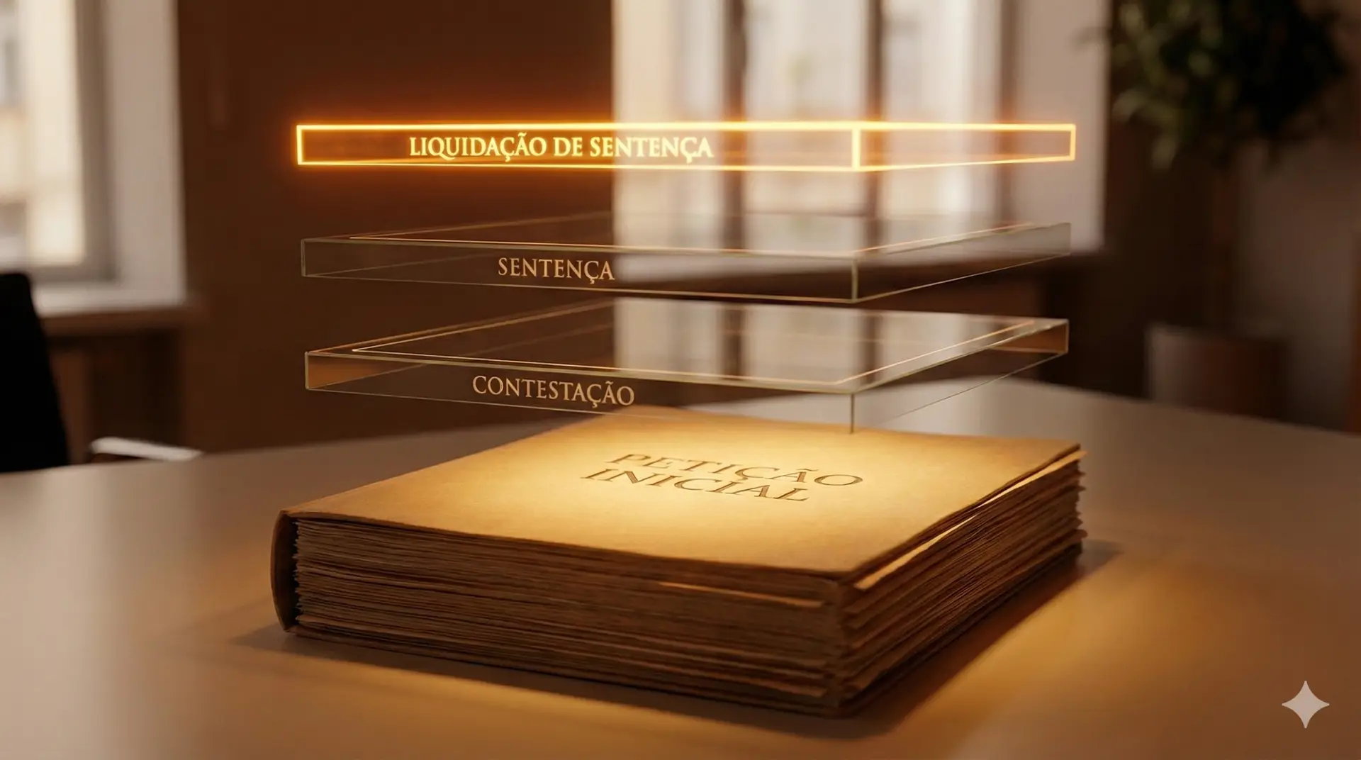 “Representação visual das etapas do processo trabalhista, mostrando petição inicial, contestação, sentença e liquidação de sentença como fases sequenciais do procedimento.”