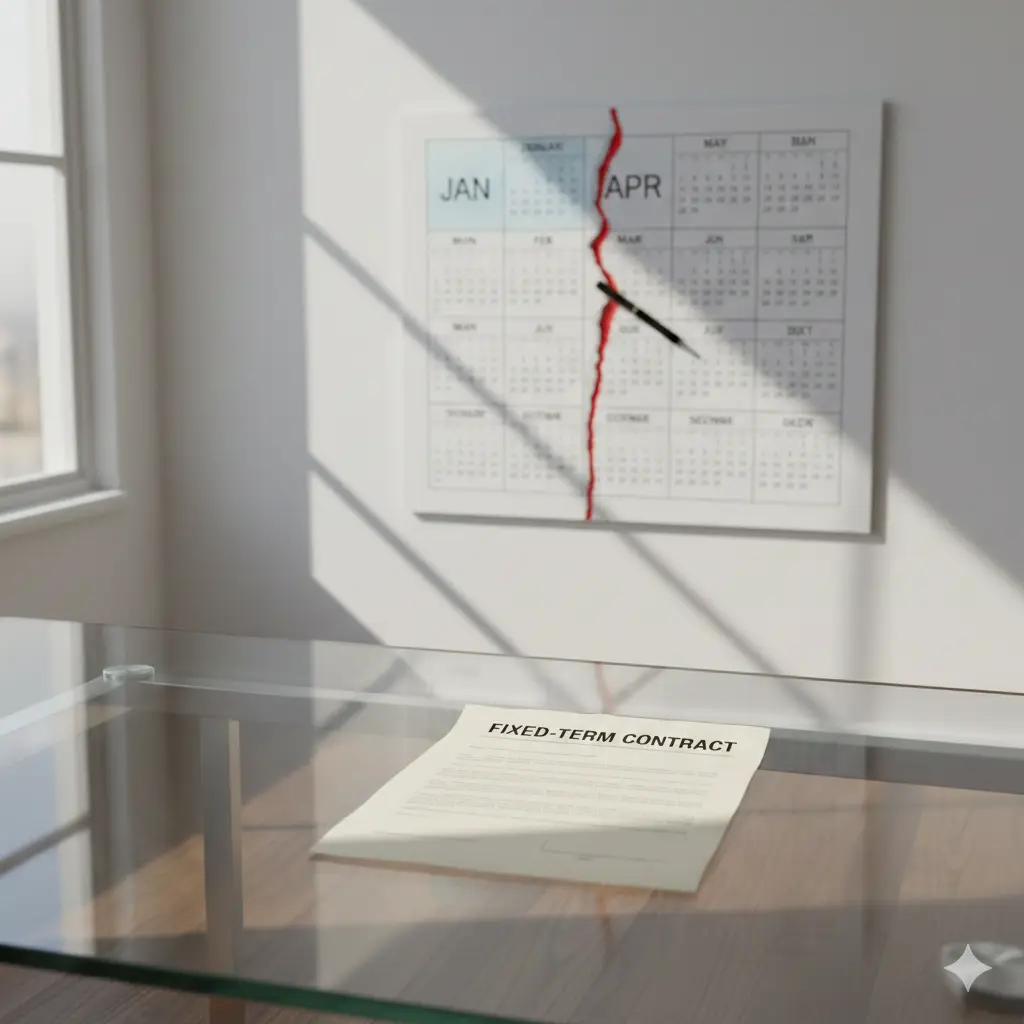 “Ilustração mostrando um contrato por prazo determinado sobre a mesa e um calendário rachado ao meio, representando a rescisão antecipada antes do término previsto.”