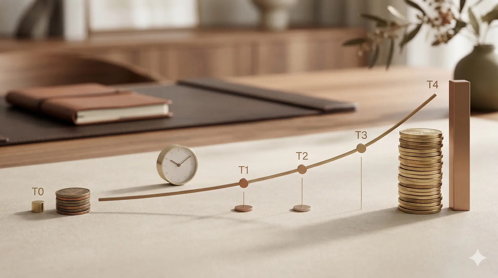 “Gráfico crescente com moedas representando o aumento do valor da execução trabalhista ao longo do tempo devido à correção monetária e juros.”