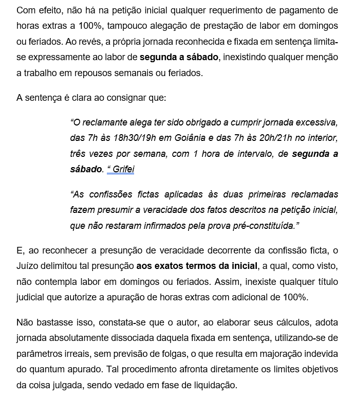 “Trecho de impugnação trabalhista apontando ausência de pedido de horas extras a 100% e limitação da jornada de segunda a sábado.”