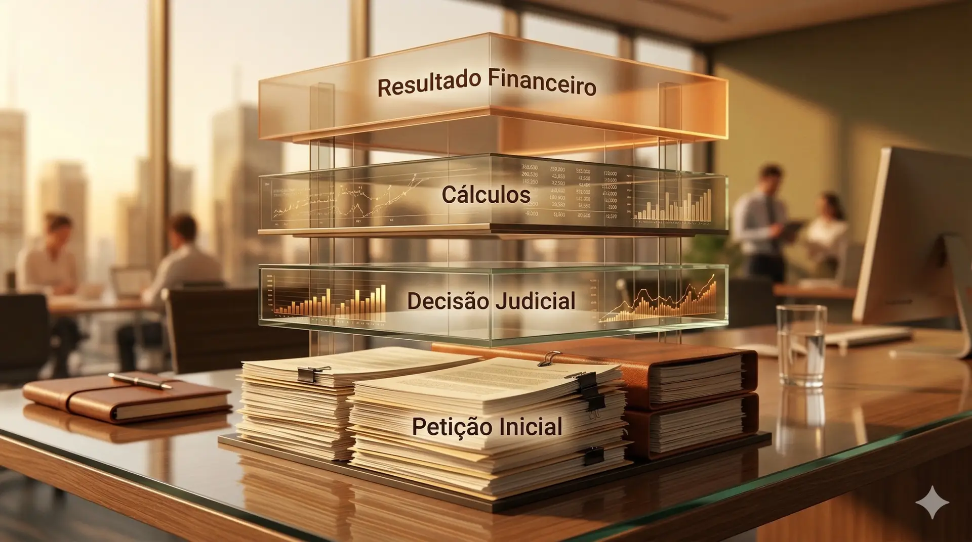 “Ilustração mostrando a estrutura do processo trabalhista, com petição inicial como base, seguida pela decisão judicial, cálculos e resultado financeiro final.”